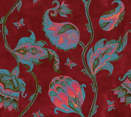 Paisley watercolor floral pattern tile:  flowers, flores, tulips, leaves. Oriental indian traditional hand painted water color whimsical seamless print, ceramic design. Abstract india batik background