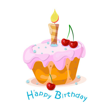 A birthday cake with a candle and the inscription "Happy birthday". Vector image isolated on a white background. Suitable for greeting cards, gift bags, covers.