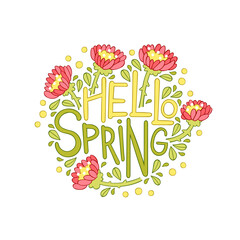 Hello spring. Lettering art. Flowers, leaves, berries. Cartoon plants print. Square frame border. 