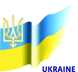 Blowing Ukrainian yellow blue flag and gold symbol vector illustration isolated on white. Ukraine independence.