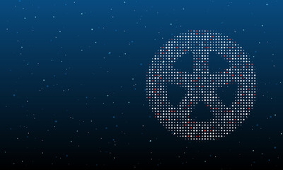 On the right is the car wheel symbol filled with white dots. Background pattern from dots and circles of different shades. Vector illustration on blue background with stars