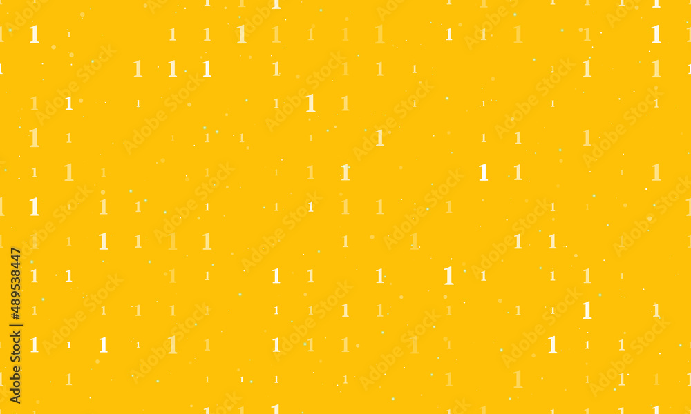 Poster Seamless background pattern of evenly spaced white number one symbols of different sizes and opacity. Vector illustration on amber background with stars