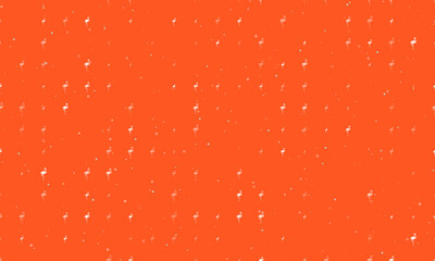 Seamless background pattern of evenly spaced white flamingos symbols of different sizes and opacity. Vector illustration on deep orange background with stars