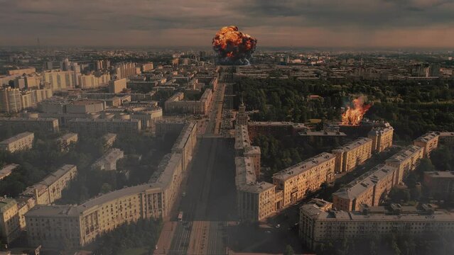 AERIAL. View of huge explosions and fire at the big city. Missile attacks 