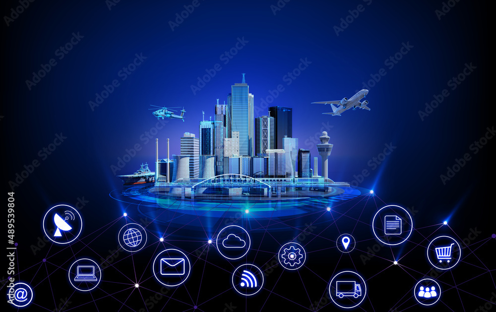 Poster the modern creative communication and internet network connect in smart city . concept of 5g wireles