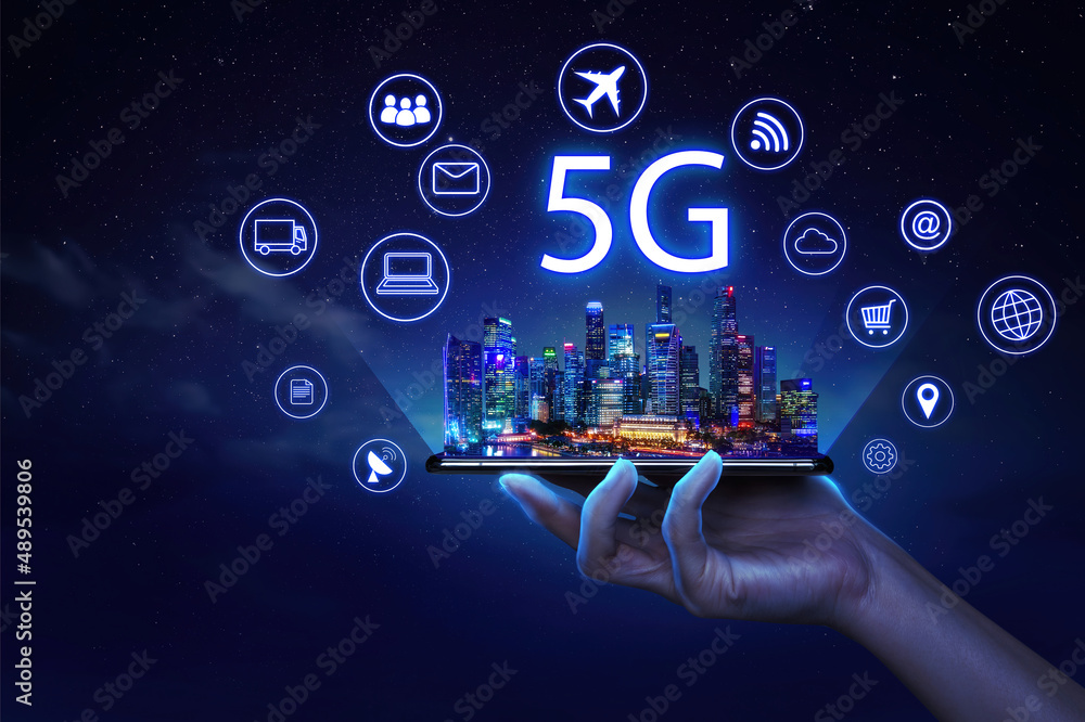 Poster 5g new wireless internet wifi connection. smart city or intelligent building. building automation wi