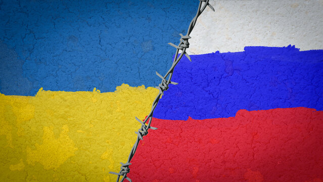 flags of Russia and Ukraine divided by barb wire illustration, the concept of tense diplomatic relations two countries between Russia and Ukraine
