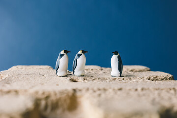 Obraz premium Cute miniature toy penguin colony. Wild animal family.