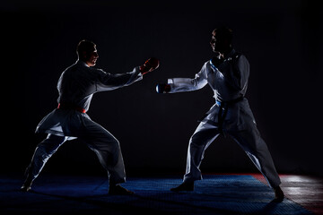 Kata training men isolated on dark background