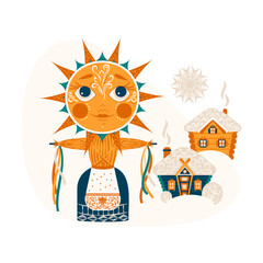 Shrovetide. Maslenitsa. Komoeditsa. Spring Festival. Pancake week. Slavic rite. Maslenitsa effigy stands among village houses. Spring is coming. Ornament. Vector illustration.