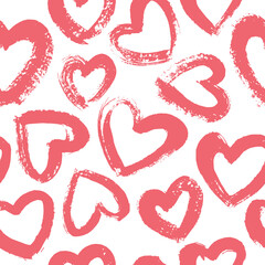 Seamless background with hearts. Dry brush. Red and White.