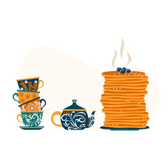 Shrovetide. Maslenitsa. Komoeditsa. Spring Festival. Pancake week. Slavic rite. Teapot, cups and plate of pancakes. Spring is coming. Ornament on dishes. Vector illustration.