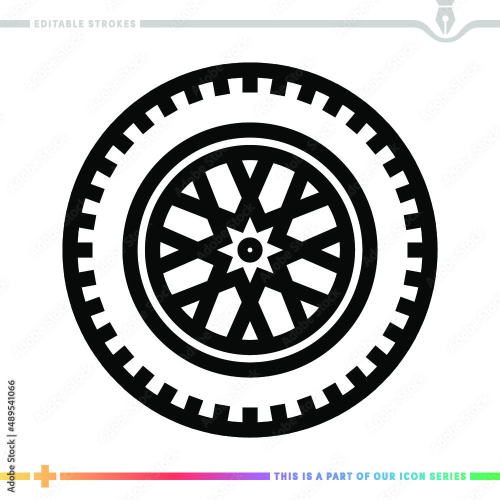 Poster line icon for spare wheel illustrations with editable strokes. this vector graphic has customizable 