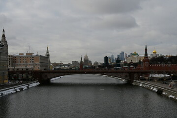 Panoramic view of the Moscow River, the Moscow Kremlin and the Bolshoi Moskvoretsky Bridge. Big Moskvoretsky bridge.