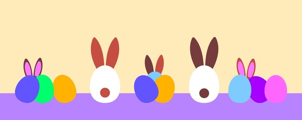 Happy Easter banner. Trendy Easter design with typography, eggs and bunnies. 