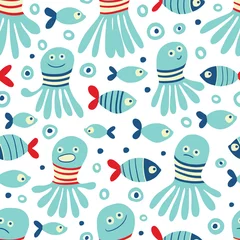 Zelfklevend Fotobehang Nautical concept seamless pattern. Cute octopuses and striped fish. Seamless pattern can be used for wallpapers, patterns, web page backgrounds. © Elena Melnikova