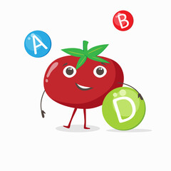 Funny tomato with vitamins, healthy lifestyle, sports, vegetables