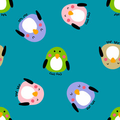 Hand drawn summer seamless pattern with multicolored penguins. Perfect for T-shirt, textile and print. Doodle style vector illustration for decor and design.