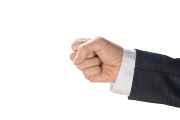 Aggressive gesture. Human hand clenched into a fist in a sleeve of a business suit, close up,...