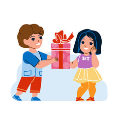 Boy Give Gift To Girl Friend On Birthday Vector. Schoolboy Giving Schoolgirl Gift Box On Christmas Party Event Or Valentine Day. Characters Schoolchildren With Present Flat Cartoon Illustration