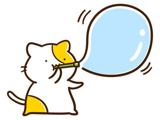 大きなシャボン玉を膨らませるかわいいねこの手書き風イラスト