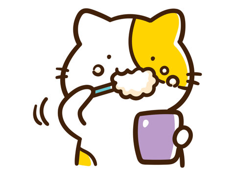 Stockvector 歯磨きをするかわいいねこのキャラクターの手書き風イラスト Adobe Stock