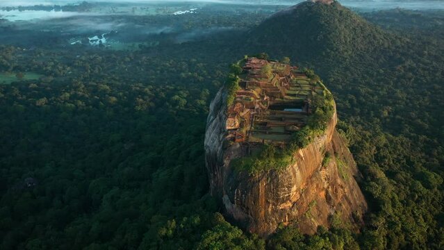 Amazing aerial drone view of Sigiriya Lion Rock ancient fortress in Sri Lanka