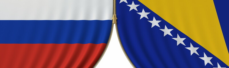 Flags of Russia and Bosnia and closing or opening zipper between them. Political negotiations or interaction conceptual 3D rendering