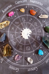 Healing crystals on brown background