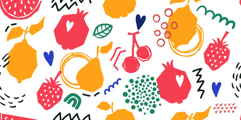 Seamless bright light pattern with Fresh fruits for fabric, drawing labels, print on t-shirt, wallpaper of children's room, fruit background. Cherry, apple, pear, watermelon, pomegranate pattern