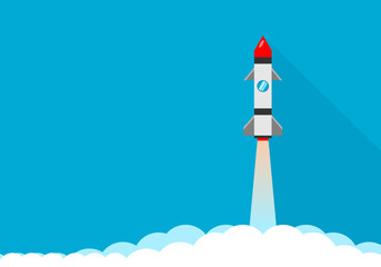 Rocket launch take off travel to space on blue background flat vector cartoon design.
