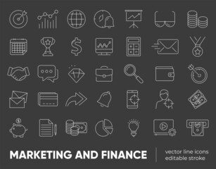 Set of marketing and finance vector line icons, signs and symbols in flat design with elements for mobile concepts and web apps. Collection of modern marketing and finance infographic and pictogram.