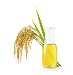 Rice bran oil with rice ears and leaves  isolated on white background.