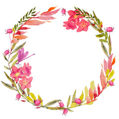 Card with flowers, berries, leaves, watercolor colorful illustration isolated on white background, floral frame for your greeting or invitation, banner, poster or cover, wildlife garden