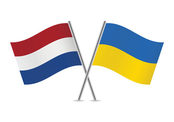 Netherlands and Ukraine crossed flags. Netherlandish and Ukrainian flags, isolated on white background. Vector icon set. Vector illustration.
