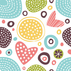 Seamless background with abstract ornament with colored circles and hearts.
