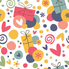Cute pattern with gifts, ribbons and hearts. Seamless vector background for your design.