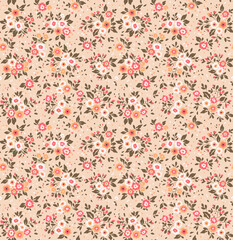 Vintage floral background. Floral pattern with small pastel peach color flowers on a coral salmon background. Seamless pattern for design and fashion prints. Ditsy style. Stock vector illustration.