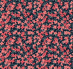 Beautiful floral pattern in small abstract flowers. Small red  flowers. Dark Blue background. Ditsy print. Floral seamless background. The elegant the template for fashion prints. Stock pattern.