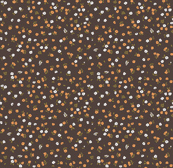 Beautiful floral pattern in small abstract flowers. Small orange and white flowers. Brown background. Ditsy print. Floral seamless background. The elegant the template for fashion prints. Stock.