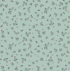 Fototapeta premium Vintage floral background. Floral pattern with small white branch with berries on a light blue background. Seamless pattern for design and fashion prints. Ditsy style. Stock vector illustration.
