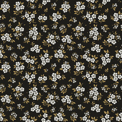 Vector seamless pattern. Pretty pattern in small flowers. Small white flowers. Black background. Ditsy floral background. The elegant the template for fashion prints. Stock pattern.