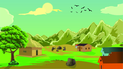 Pakistan Village day off cartoon background in landscape view vector illustration art.
