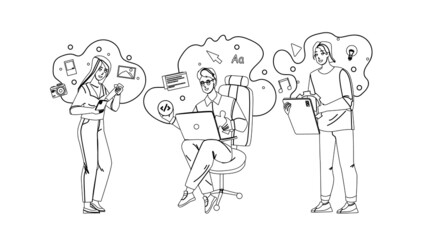 User Generated Content Ugc Workers Business Black Line Pencil Drawing Vector. Man And Woman Advertising Organization Of Site And Web Management Application Ugc Professional Occupation. Characters