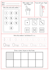 Children Learning Printable - Coloring, Tracing, Writing, and Counting Number 1