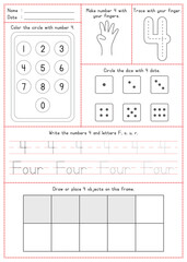 Children Learning Printable - Coloring, Tracing, Writing, and Counting Number 4