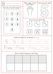 Children Learning Printable - Coloring, Tracing, Writing, and Counting Number 5