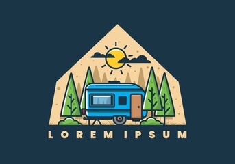 Campervan in the jungle flat illustration