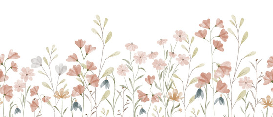 Motif horizontal d& 39 été floral avec fleurs sauvages. Bordure d& 39 illustration isolée dessinée à la main à l& 39 aquarelle, prairie ou arrière-plan floral pour votre conception.