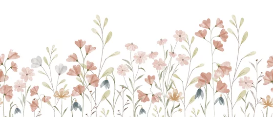 Abwaschbare Fototapete Blumen Horizontales Blumenmuster des Sommers mit Wildblumen. Aquarell handgezeichnete isolierte Illustrationsgrenze, Wiese oder floraler Hintergrund für Ihr Design.